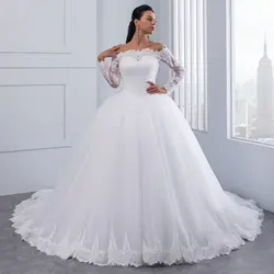 Винтаж кружева свадебное платье бальное платье с открытыми плечами вырезом лодочкой кружево на свадебное платье невесты Длинные vestido de noiva
