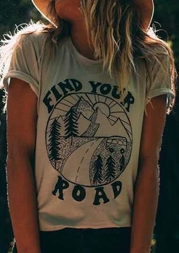 2018 Женская футболка Летняя с коротким рукавом Find Your Road Print o-образным вырезом Футболка женская Повседневная футболка мода светло-хаки Топы