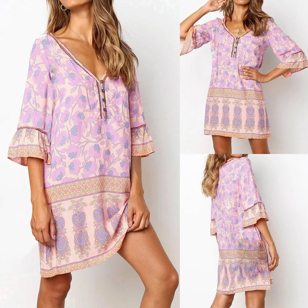 

Summer Dress Women Casual Printing Half Sleeve Mini Dress Princess Cute Pink Fit Soft Dress Vestidos #80