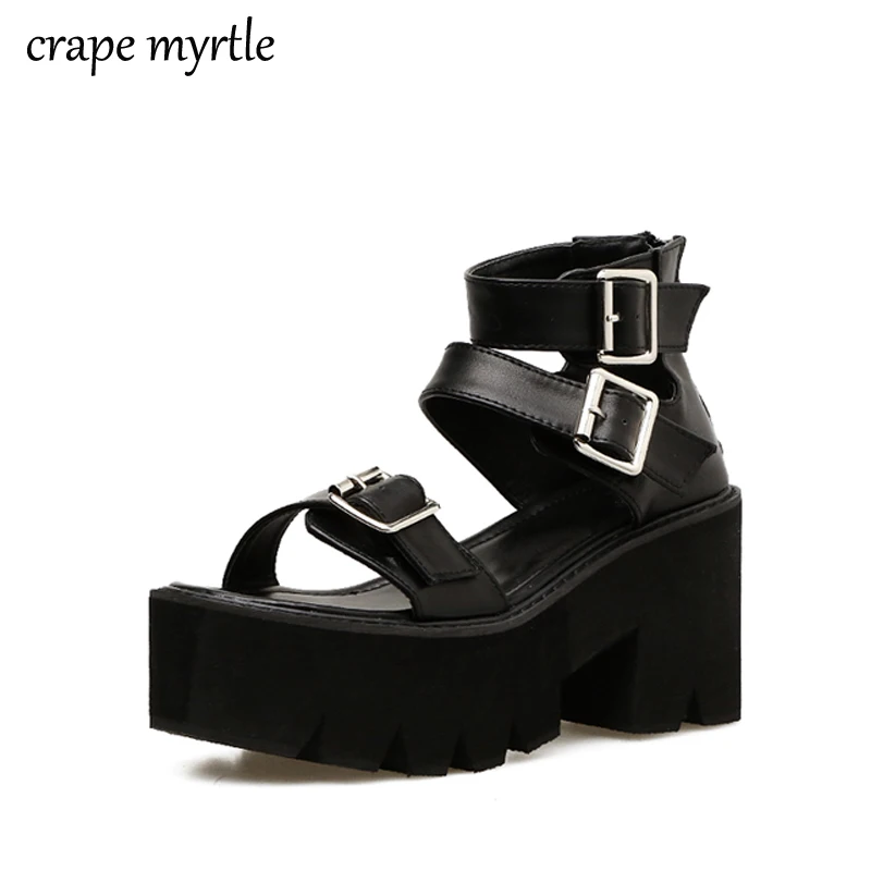 

Summer Fashion Women Sandals High Thick Heel Open Toe Buckle Strap Platform Shoes Female Black Simple Design Unique Shoes YMA259