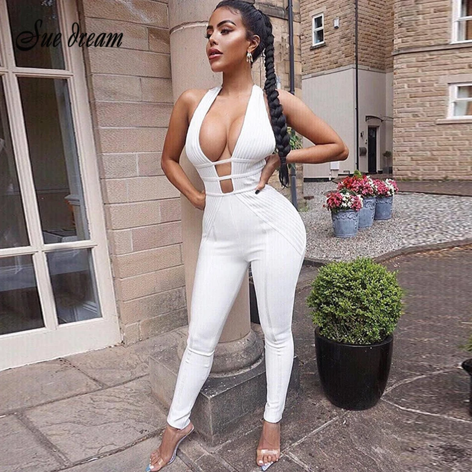

2019 summer bandage jumpsuit white sexy sleeveless deep V-neck hollow new celebrity party jumpsuit tight