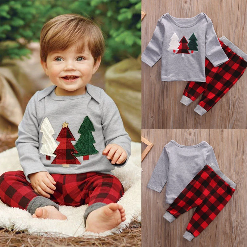 子供女の子男の子衣服子供2ピース少年子供クリスマス服tシャツロングパンツチェック柄衣装セット年齢1 6y Outfit Set Kids Christmasboys Garments Aliexpress