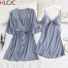 Новое поступление, женская летняя одежда с вышивкой и платье, комплекты Роскошная ночная рубашка+ халат, комплект из двух предметов, женская сексуальная шелковая ночная рубашка