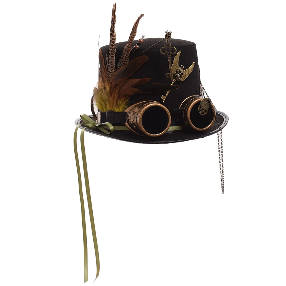 

Ladies Black Feather Women Fedoras Steampunk Gears Men Top Hat With Googles
