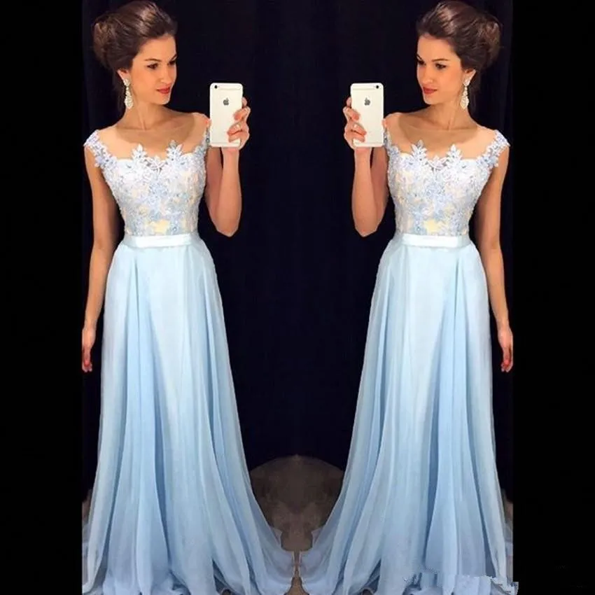 

2019 Elegant Light Sky Blue Prom Dresses Sheer Neck Cap Sleeves Appliqued Chiffon Floor Length Formal Evening Gown prom dress