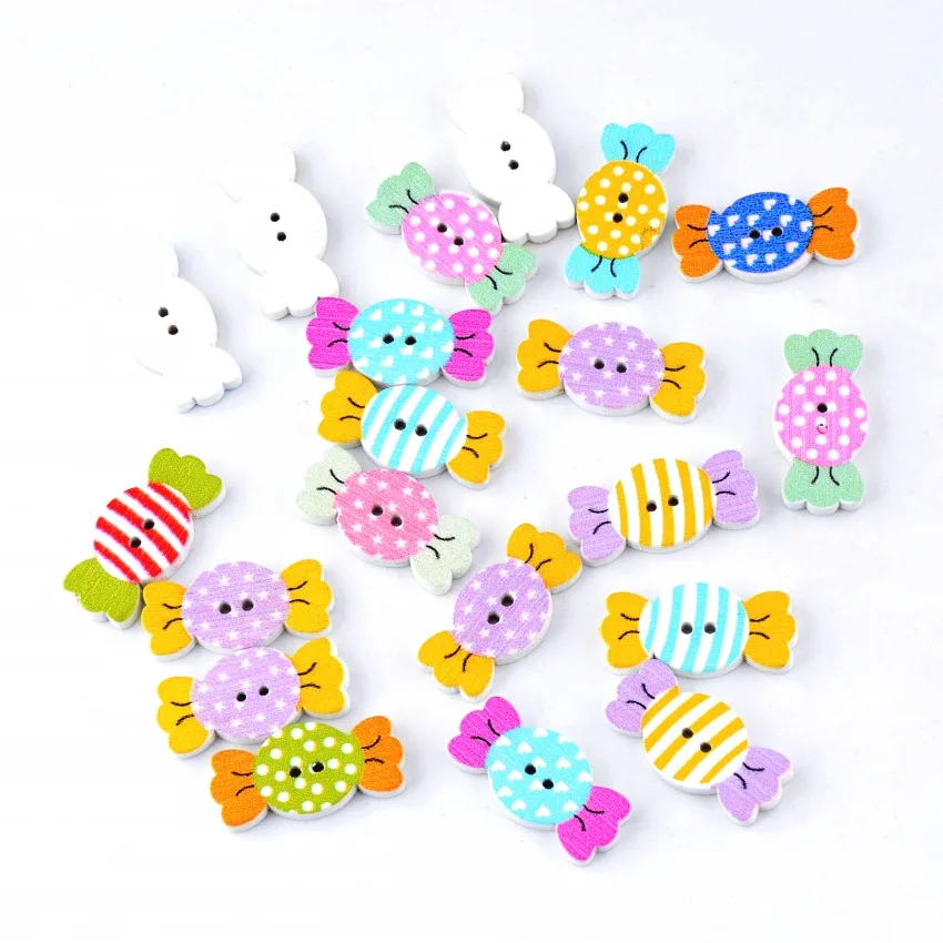 

Free Shipping Retail 20Pcs Mixed 2 Holes Cartoon Candy Sugar Food Pattern Wood Sewing Buttons Scrapbooking 25x12mm