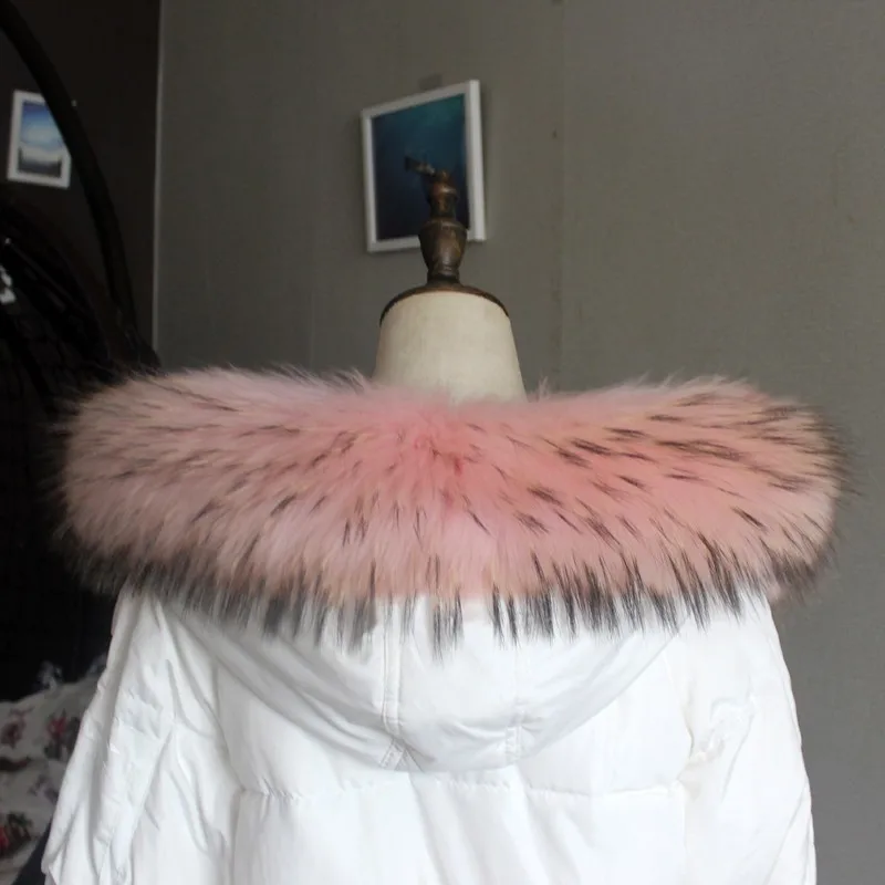 Зимняя куртка из натурального меха, воротник из натурального меха енота, женские шарфы, пальто, женская шапка, длинный теплый шарф из натурального меха, большой размер - Цвет: Pink black tip