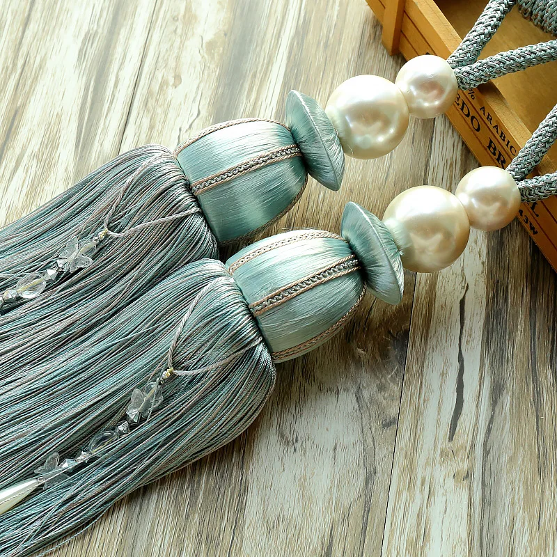 

one pair tieback double pearl curtain decorative rope creative bandage hanging ball buckle tassel curtain Straps tie tape M218