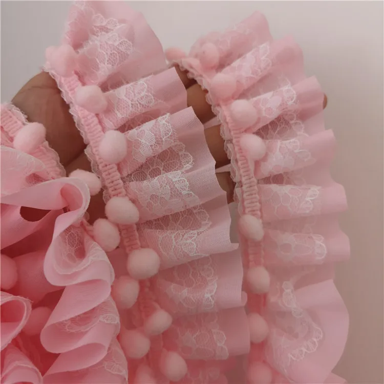 1 метр милый розовый белый помпон гофрированный шифон кружевная отделка рукоделие кружевная лента для шитья Ремесло, платье-пачка, домашний декор