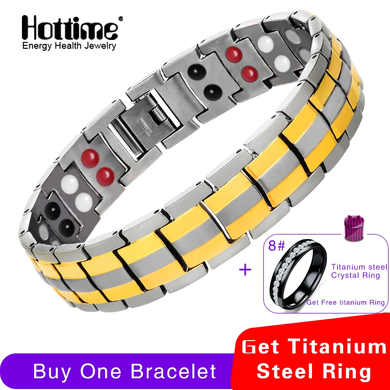 

Hottime Healing Magnetic Therapy Bracelets & Bangles For Men's Double Row 4 IN 1 Energy Pure Titanium Steel Jewelry 10304