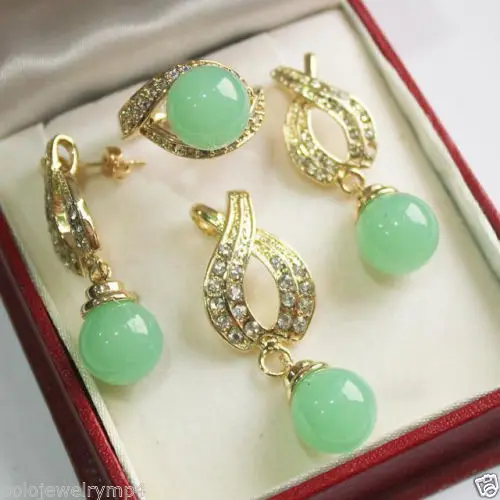 

Jewelry Fashion 12mm Green jade Pendant Necklace Earrings Ring AAA 18K GP gold plated watch Quartz stone crystal FREE SHIPPING s