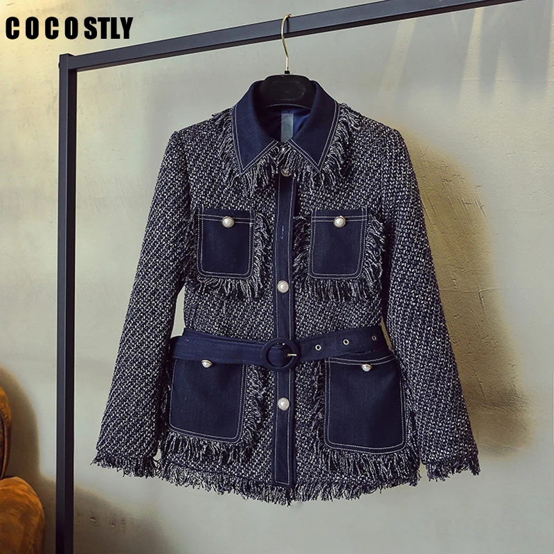 

2019 Autumn and Winter Jacket Women's Jeans Stitching Coarse Tassel Tweed Jacket Ladies Retro Single-breasted Wool Coats