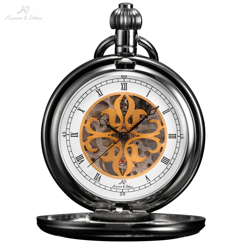 

KS Retro Skeleton White IP GUN Case Roman Numerals Relogio Analog Fobs Long Chain Pendant Clock Mechanical Pocket Watch /KSP012