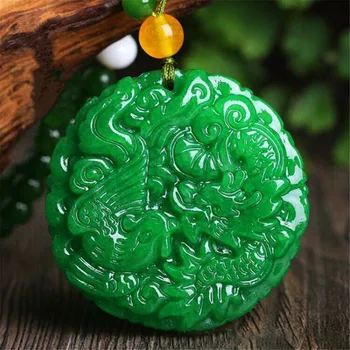 

Natural Myanmar Jadeite Full Green Dragon & Phoenix Jade Pendant Genuine Iron Dragon Emerald Auspicious Pendant Lovers Necklace