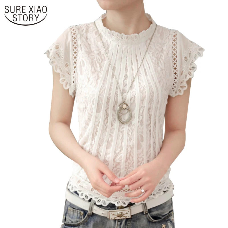 2017 Ladies White Lace Blouse Short Sleeve Stand Collar