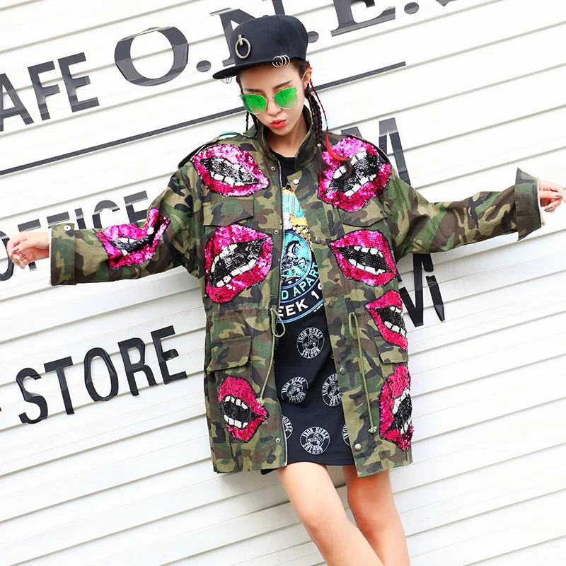 Image Sequin lip outwear 2017 women spring cool punk long coat vintage army camouflage trench unique windbreaker LT394