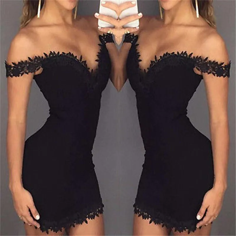 

Summer Dress 2018 Women Casual Beach off the shoulder Short Dress Lace Solid Mini Lace Dress Sexy Party Dresses Vestidos SXXL
