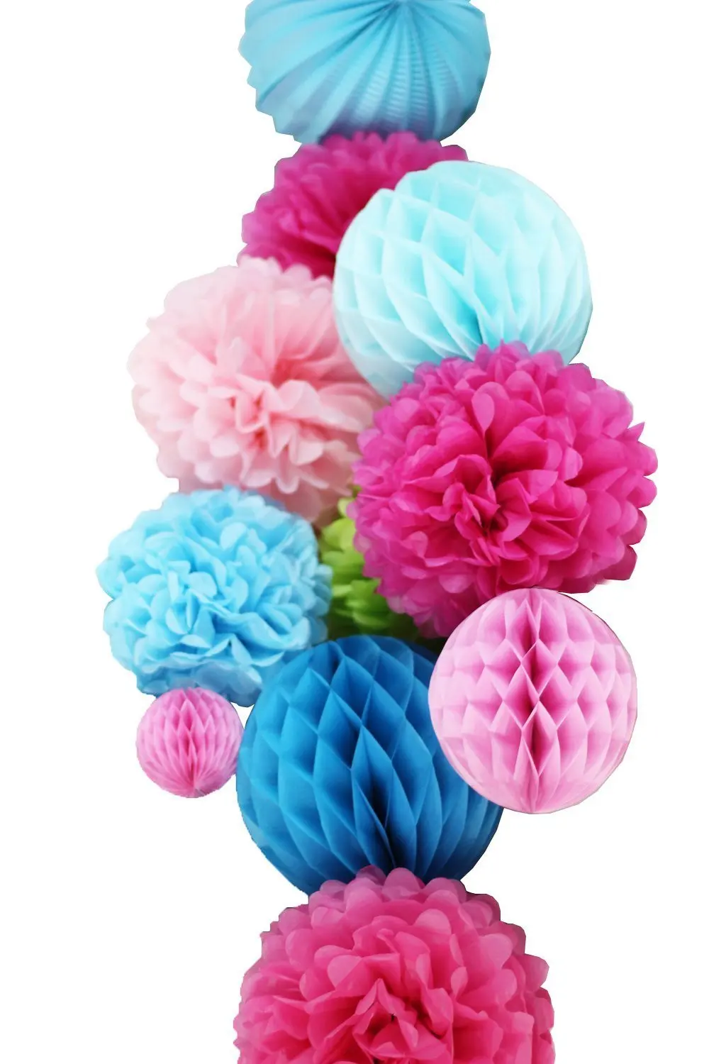 (Pink,Blue) 11pc Honeycomb Decoration Kit Paper Crafts(Pleated Lantern,Honeycombs,Pom Pom Flowers) for Wedding Birthday Party Nursery Decor (1)