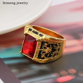 

Black/Red/Green/Blue Resin crystal Punk Rock Retro Flower Pattern Rings Gold-color Stainless Steel Hiphop Male Party Ring 20pcs