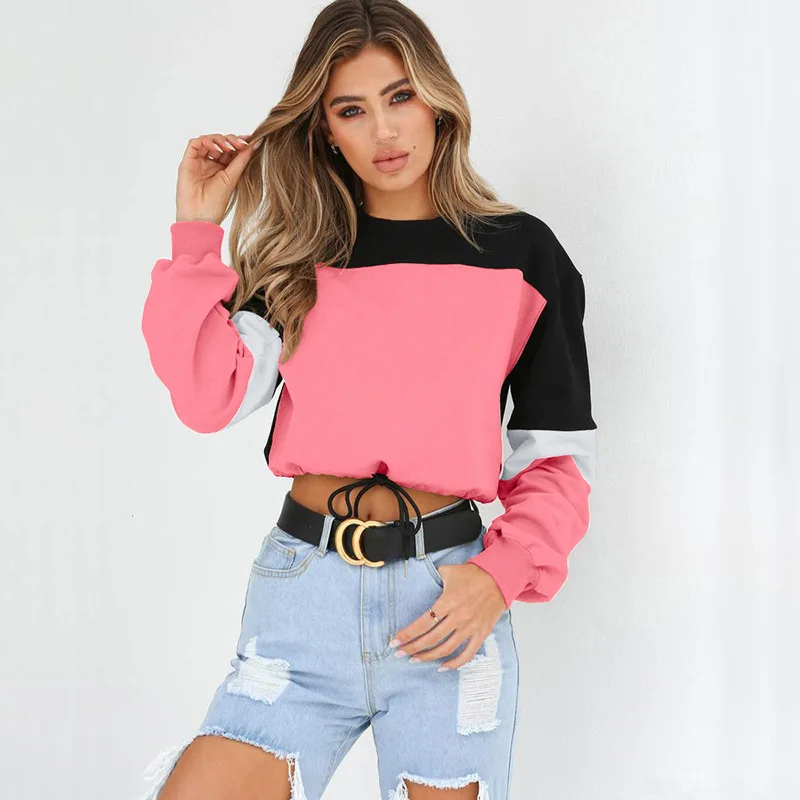 

Crop Hoodies Sweatshirts Women O-Neck Bandage Patckwork Black Pink White Yellow Green Autumn 2019 Casual Korean Hoody