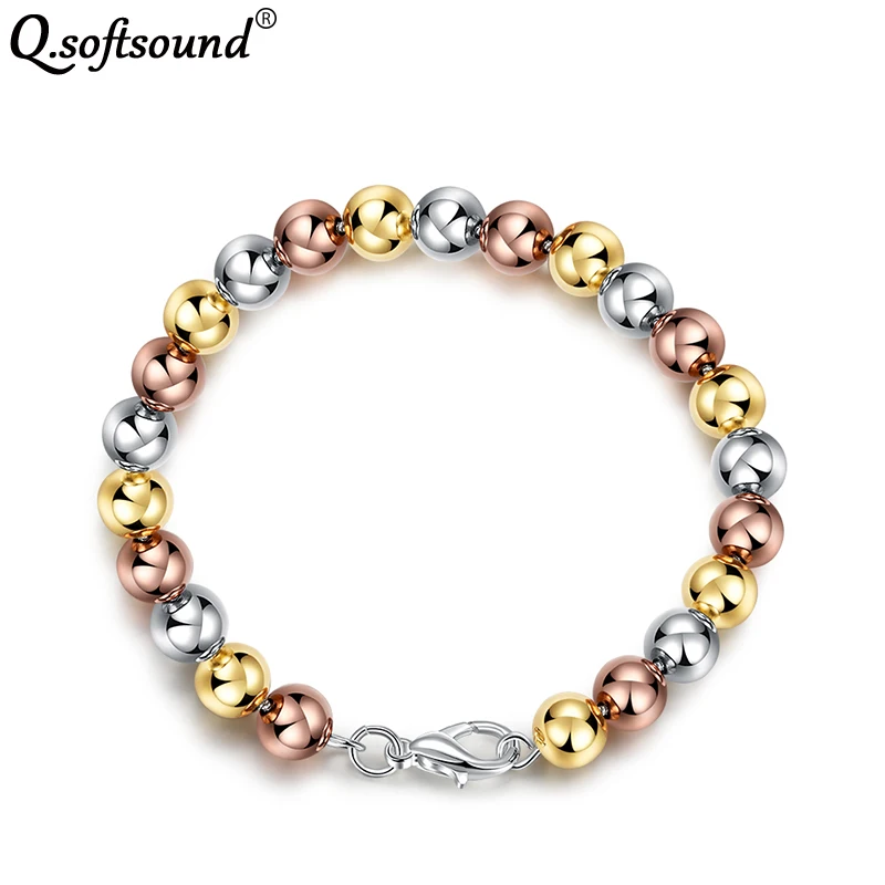 

New Three Tone Color Round Beads All-metal Bracelets For Women Silver/Rose/Gold Color Group Bead Bracelets Bangles Jewelry QB455