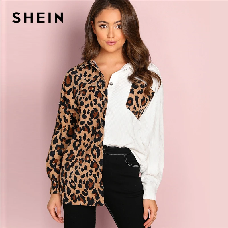 

SHEIN Modern Lady Multicolor Colorblock Button Up Round Neck Single Breasted Leopard Jacket Autumn Women Women Coat Outerwear