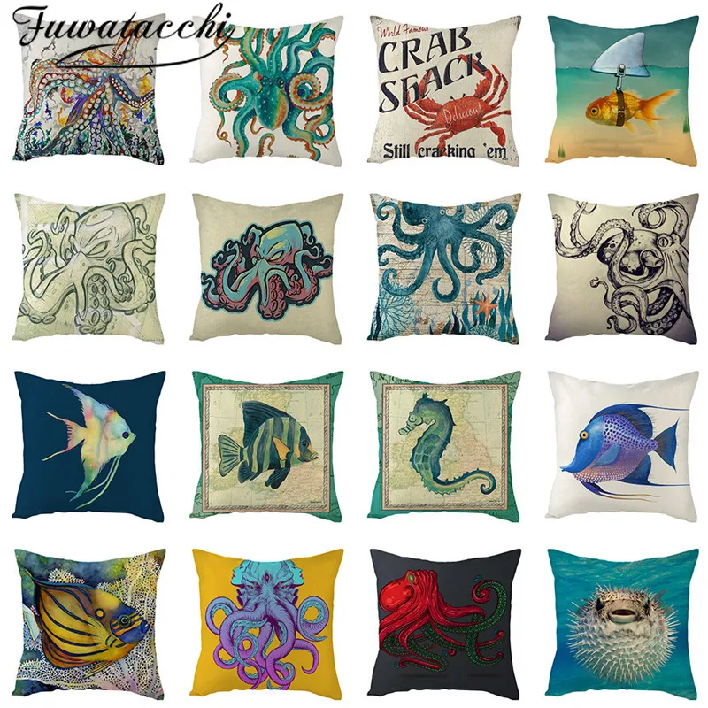 

Fuwatacchi Sea Animals Cushion Cover Fishes Crab Octopus Cover For Home Decorative Pillows Polyester Pillowcases 45*45cm