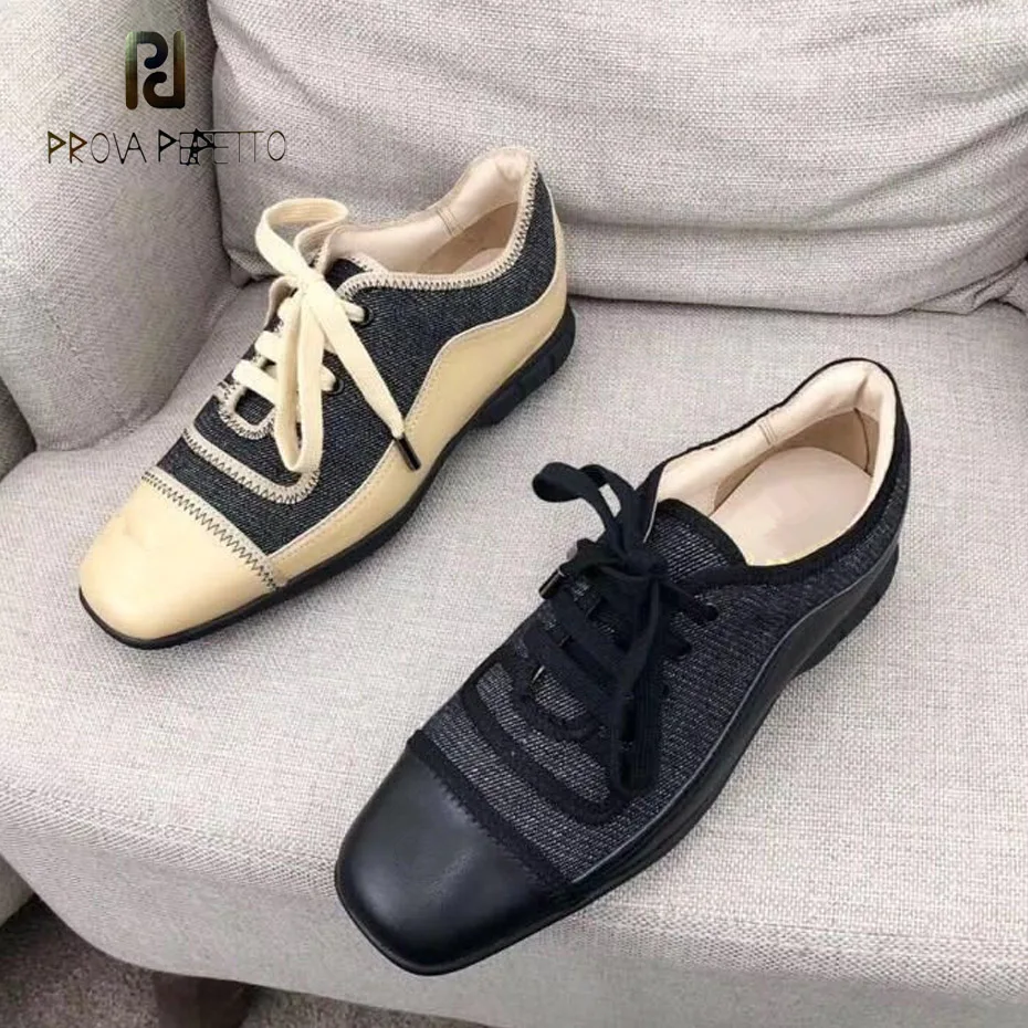 

Prova Perfetto fashion new cow leather+canvas vintage square toe women casual shoe lace up comfortable low heel chic shoes women