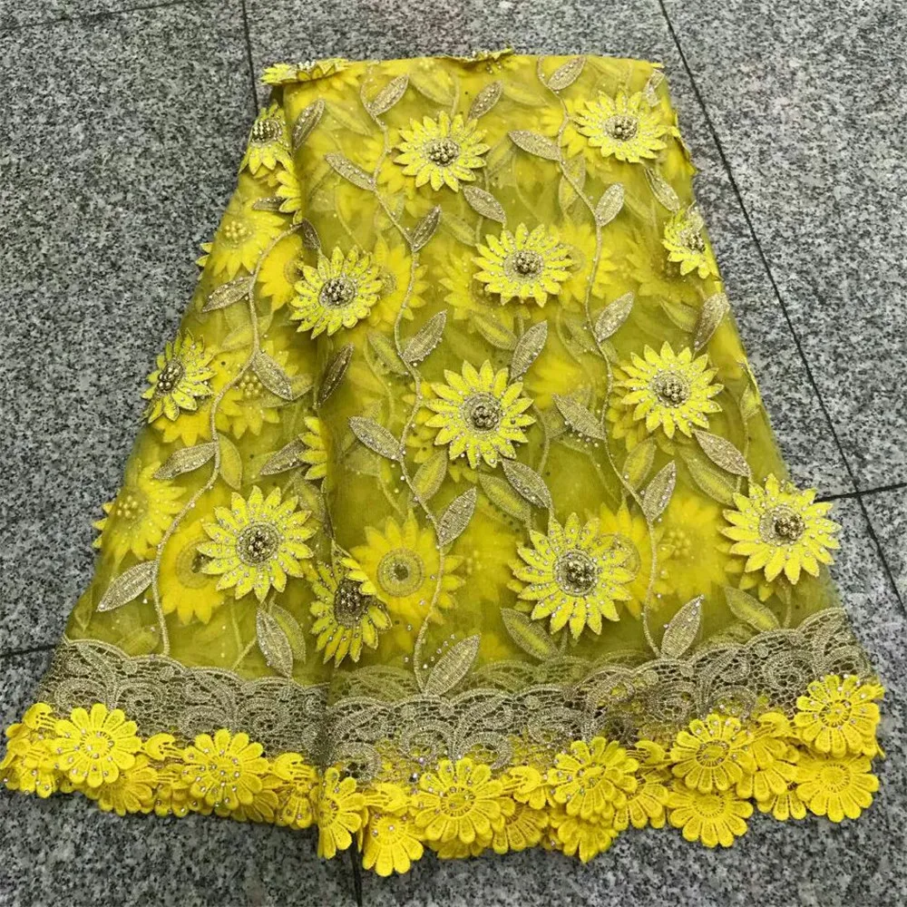 

HFX Net Lace African Embroidery Lace Fabric Handmade Of Stones And 3D Flowers French Lace Fabric 2018 For Wedding Dress X170-1