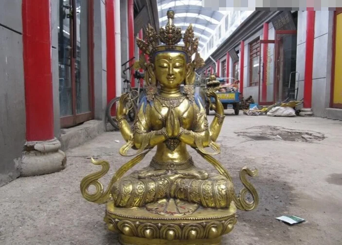 

fast shipping USPS to USA S3085 Tibet Folk temple Bronze Gild Four-armed Avalokitesvara Buddha Statue