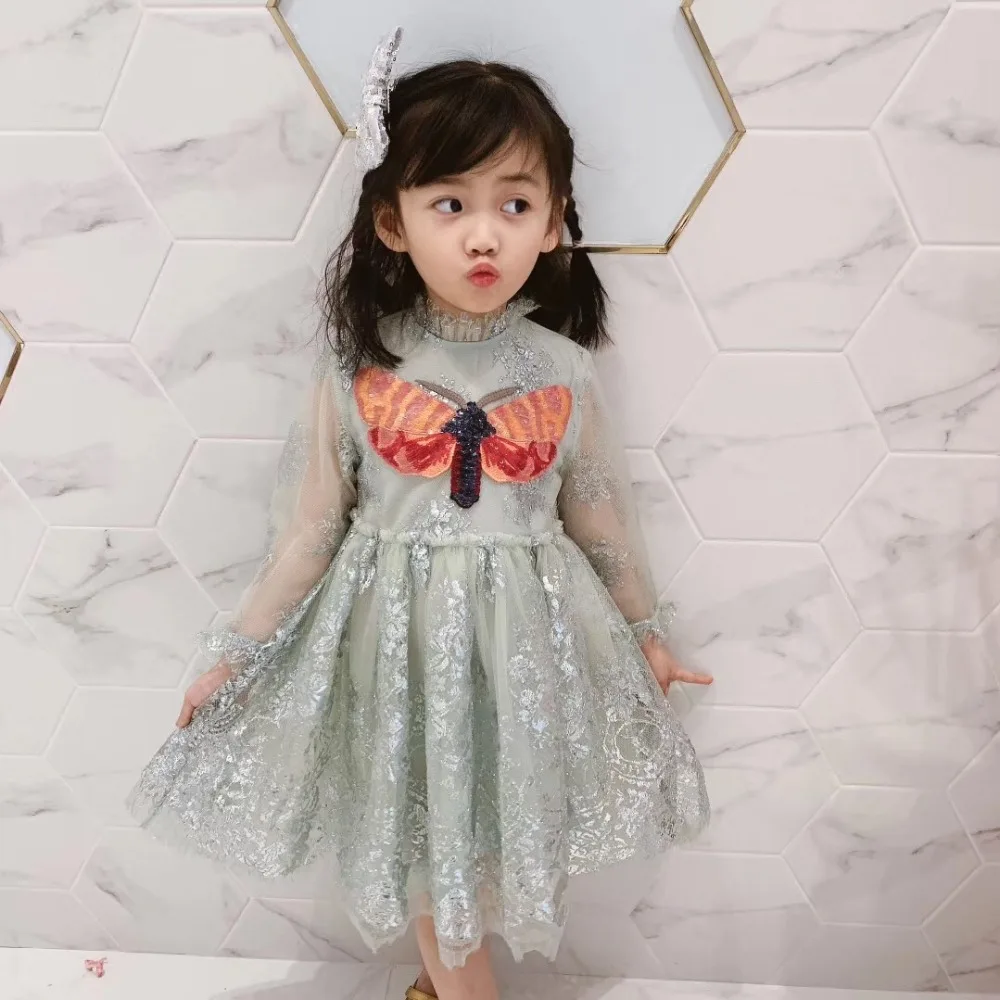 

Baby girl princess dress long sleeve Sequin Butterfly kids dresses for girls shining lace wedding dress