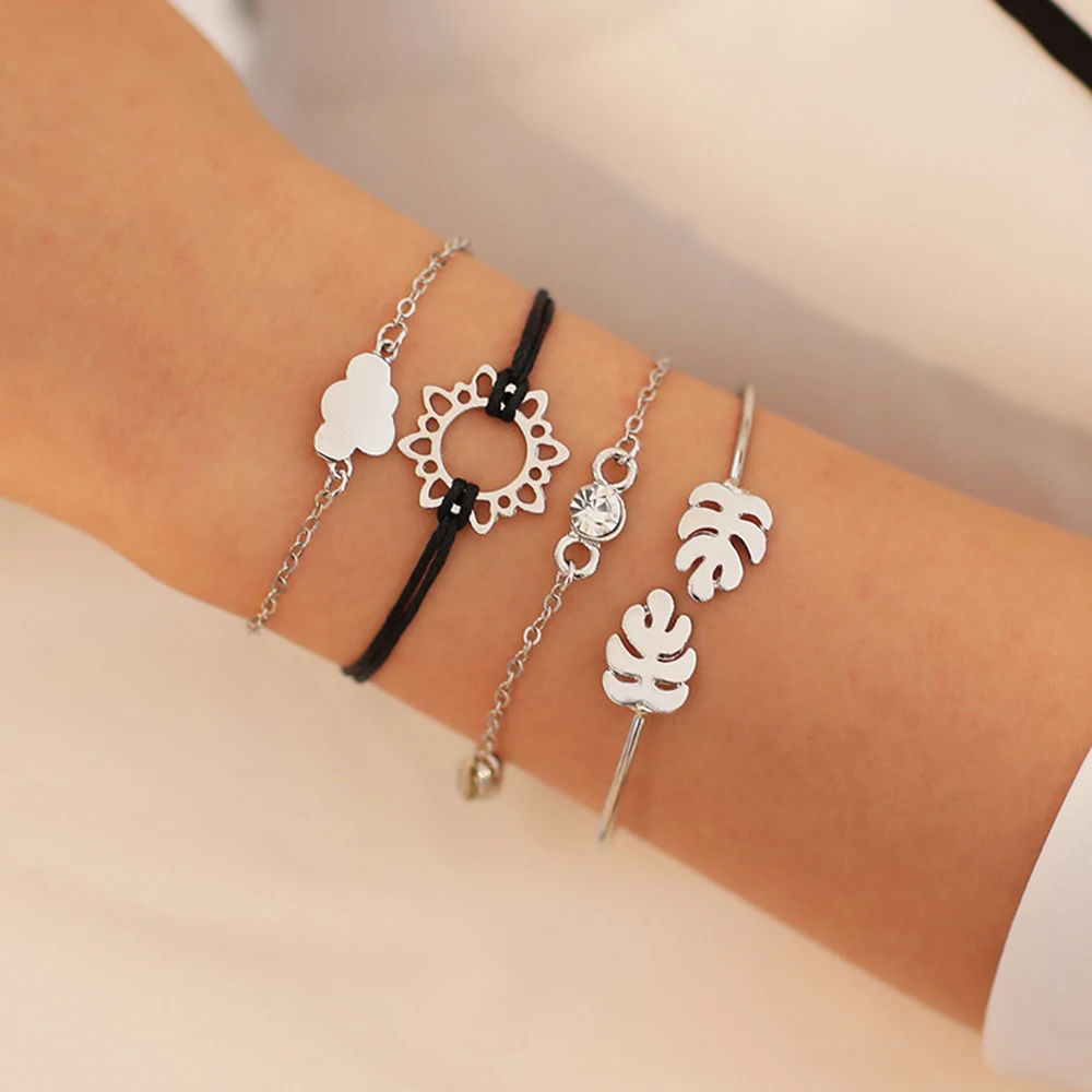 

4pcs/Set 2019 Fashion Bohemia Moon Leaf Knot Hand Cuff Link Chain Charm Bracelet Bangle For Women Gold Bracelets Femme Jewelry