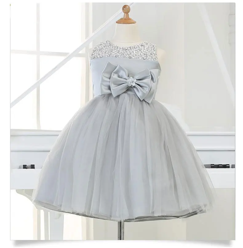 

Silver Newborn Girl Christmas Dresses with Bead Bow infant Princess Dress Diamond Belt Baby Party Birthday Dress for Wedding