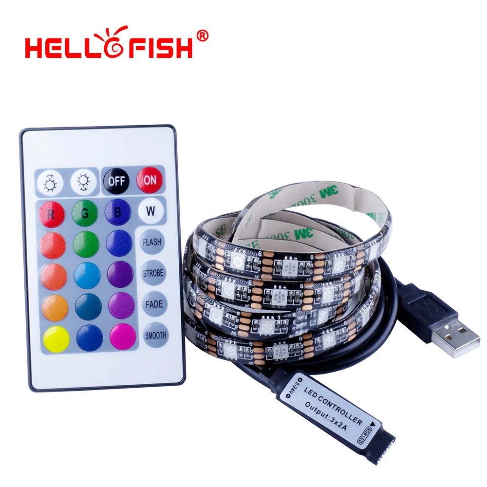 Hello Fish 5V USB 5050 LED strip lightpack USB Cable and 1M LED strip 24key Controller kit ambilight TV 