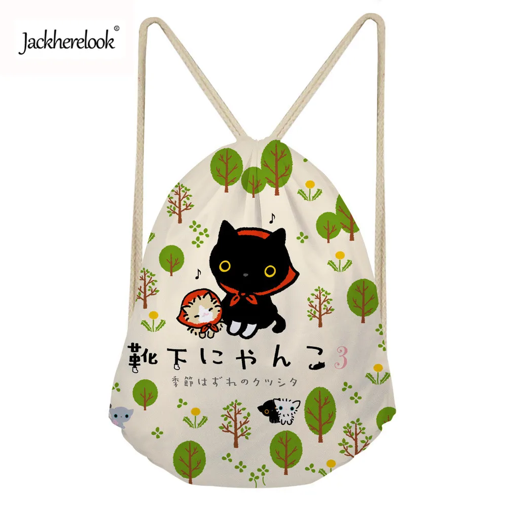 Jackherelook Kawaii School Girls Drawstring Bags Backpack Women Gym Sack Animal Cat with Music Note Print