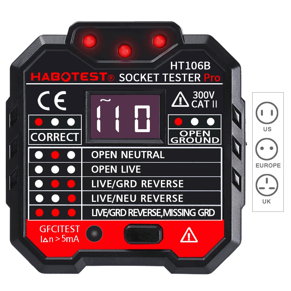 

HT106 Socket Outlet Tester Circuit Polarity Voltage Detector Wall Plug Breaker Finder RCD Test - UK plug
