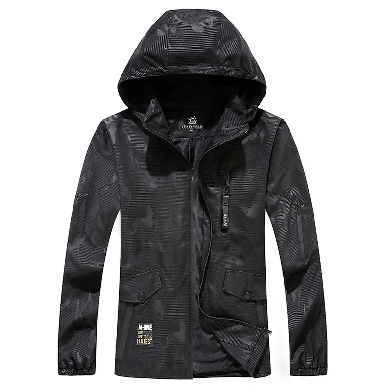 Мужская куртка-бомбер, мешковатая куртка с капюшоном, весна-лето, камуфляжная ветровка на молнии, Мужская черная уличная куртка, смарт-пальто для путешествий, 6XL 8XL XMR05 - Цвет: BLACK 01