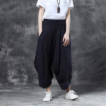 BUYKUD Fashion 2018 Summer Cotton and Linen Irregular Pants Women Striped Wide cross-pants Vintage Casual Bottoms  