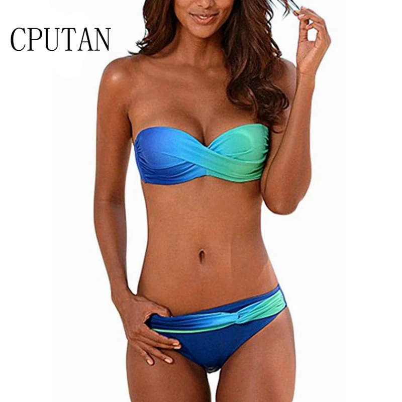 2019 New Brazilian Swimwear Women Bandeau Push Up Bikini Set Blue Gradient Color Swimsuit 2 Piece Bathing Suit Plus Size Female 