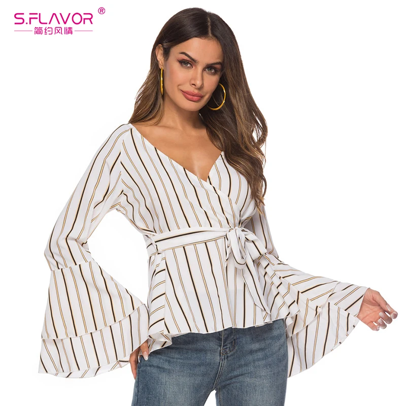 

S.FLAVOR Women Elegant Office Lady Blouses Casual Long Sleeve Striped Shirt V Neck Flare Sleeve Tops Female Clothing With Belt