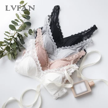 

LVFAN Sexy Lace Bra French Silk Lining Thin bra Section Sleep Underwear Silk Seamless Triangle Cup Bra Non-Convertible Strtraps