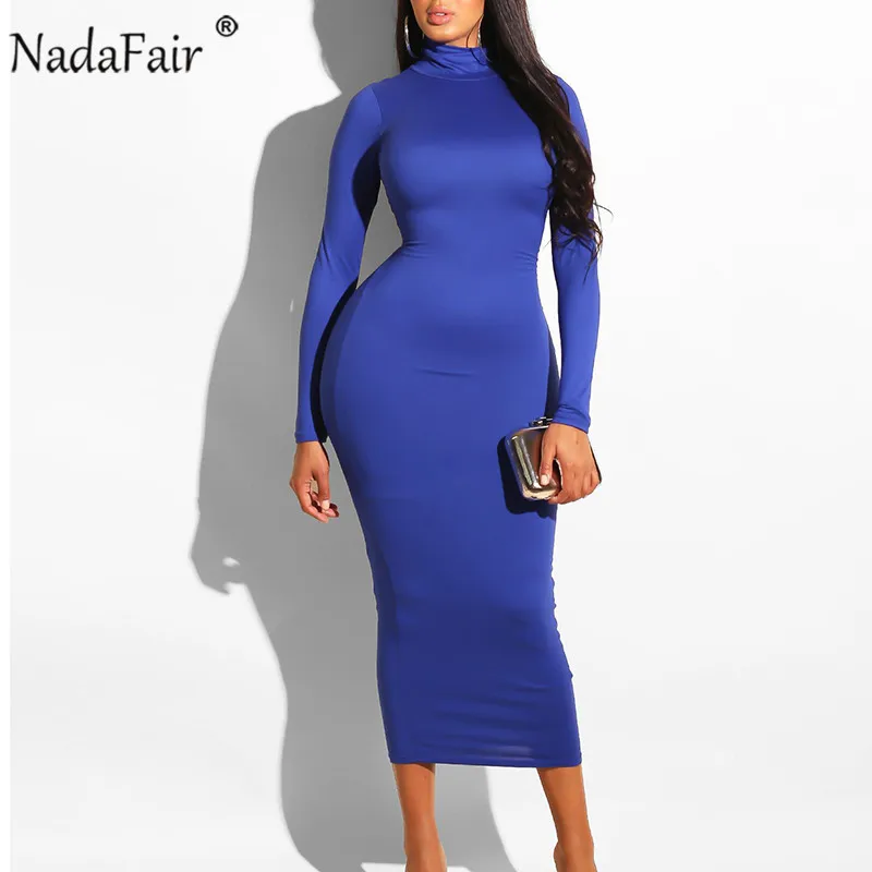 Nadafair Turtleneck Long Sexy Bodycon Dress Women Autumn Winter Long Sleeve Basic Red Black White Solid Midi Dress