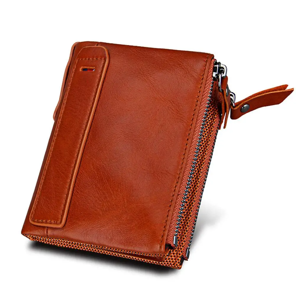 Banabanma Genuine Wallet Cowhide Leather Men Wallets Double Zipper Short Purse Coin Pockets Anti RFID Card Holders Wallet Men 40 - Цвет: orange