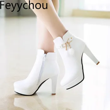 

Women Boots Autumn Winter Warm Super High Heel Round Toe 2018 New Sexy Fashion Pu Zip Ankle Motorcycle Boots Black White