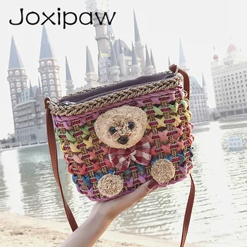 

Cute Bear Straw Bag Bohemain Summer Beach Women Handbag Crochet Rattan Woven Bucket Leisure Design Vacation Female Shoulder Bags