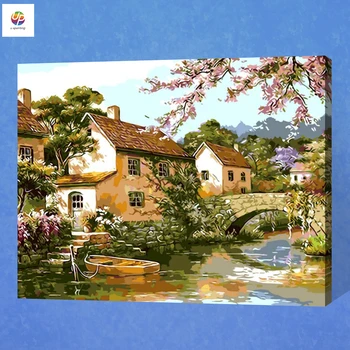 

Frameless Digital Painting By Number River Lake Cabin Inn Scenery Acrylic Paint Modern Wall Art Canvas Painting Home Deco Deal