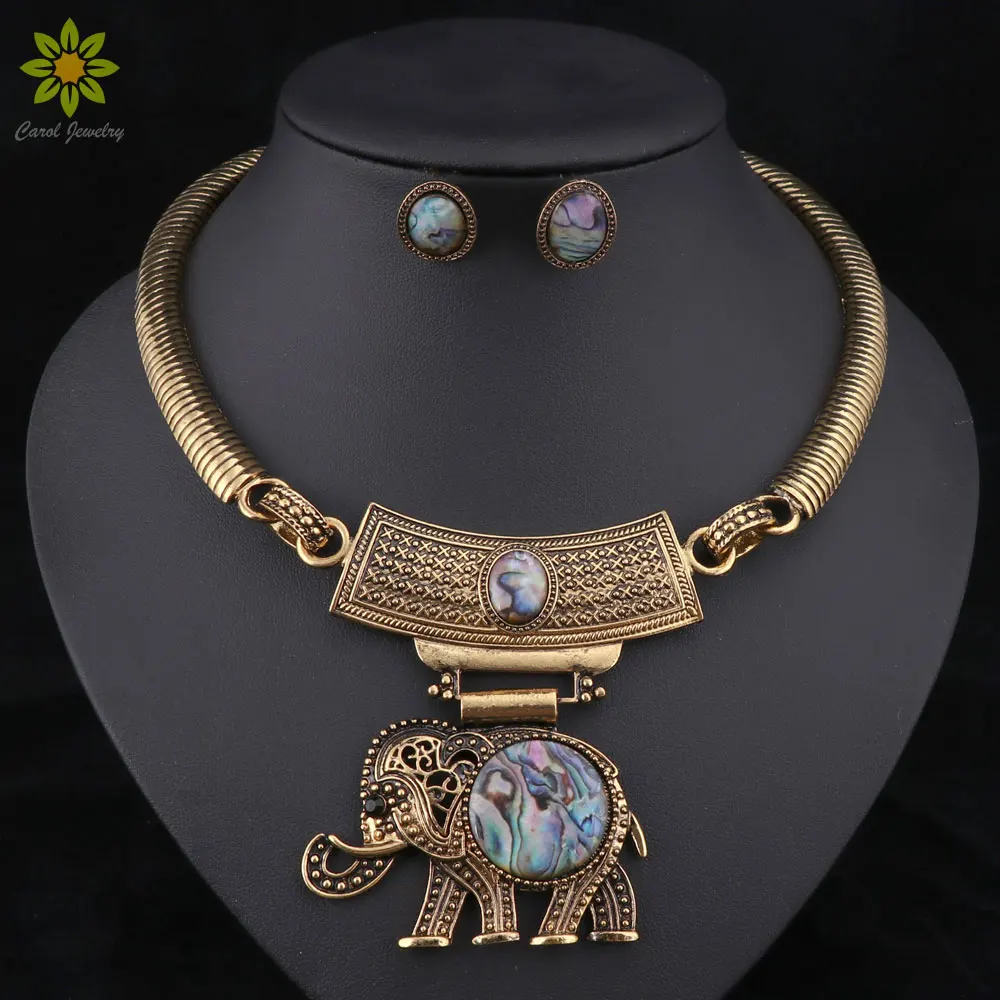 

Vintage Jewelry Sets Statement Colorful Resin Elephant Necklaces & Pendants Antique Silver Stud Earrings Sets