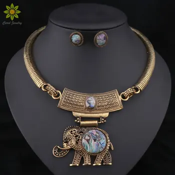 

Vintage Jewelry Sets Statement Colorful Resin Elephant Necklaces & Pendants Antique Silver color Stud Earrings Sets