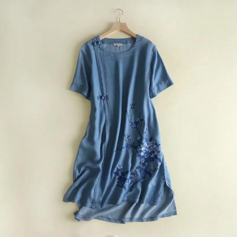 

QZ352 New Unique Design O Neck Cheongsam Stylish Floral Embroidery Tencel Dress Soft Jeans Vestido