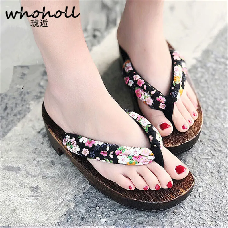 

WHOHOLL Geta Japanese Geta Sandals Women Wooden Sandals Rubber Soles Anti-skid Floral Japanese Clog Slippers Flip-flops COS